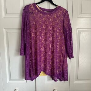 LOGO Lori Goldstein Tunic Womens Large Lace Sheer Overlay Tank Layered Top Boho